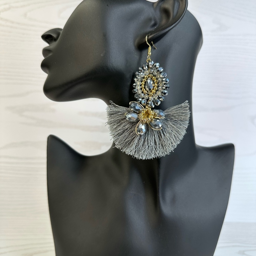 NEW handmade metallic Gray chezco crystal beads Tassel Earrings 14k gold platted